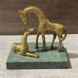 Vintage Solid Brass Giraffe Mother and Baby Marble Base Sculpture Paperweight 5"